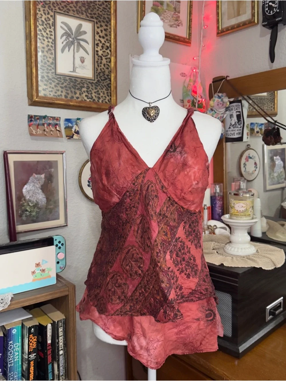 Y2K Red Paisley Silk Cami Top - Picture 4 of 9